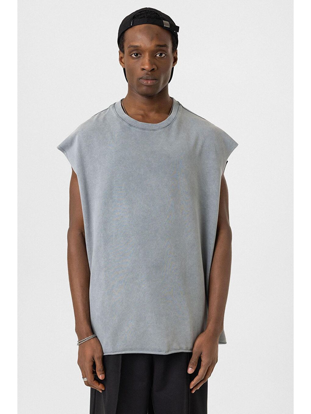 Yıkamalı Oversize Kolsuz Tişört Gri-2