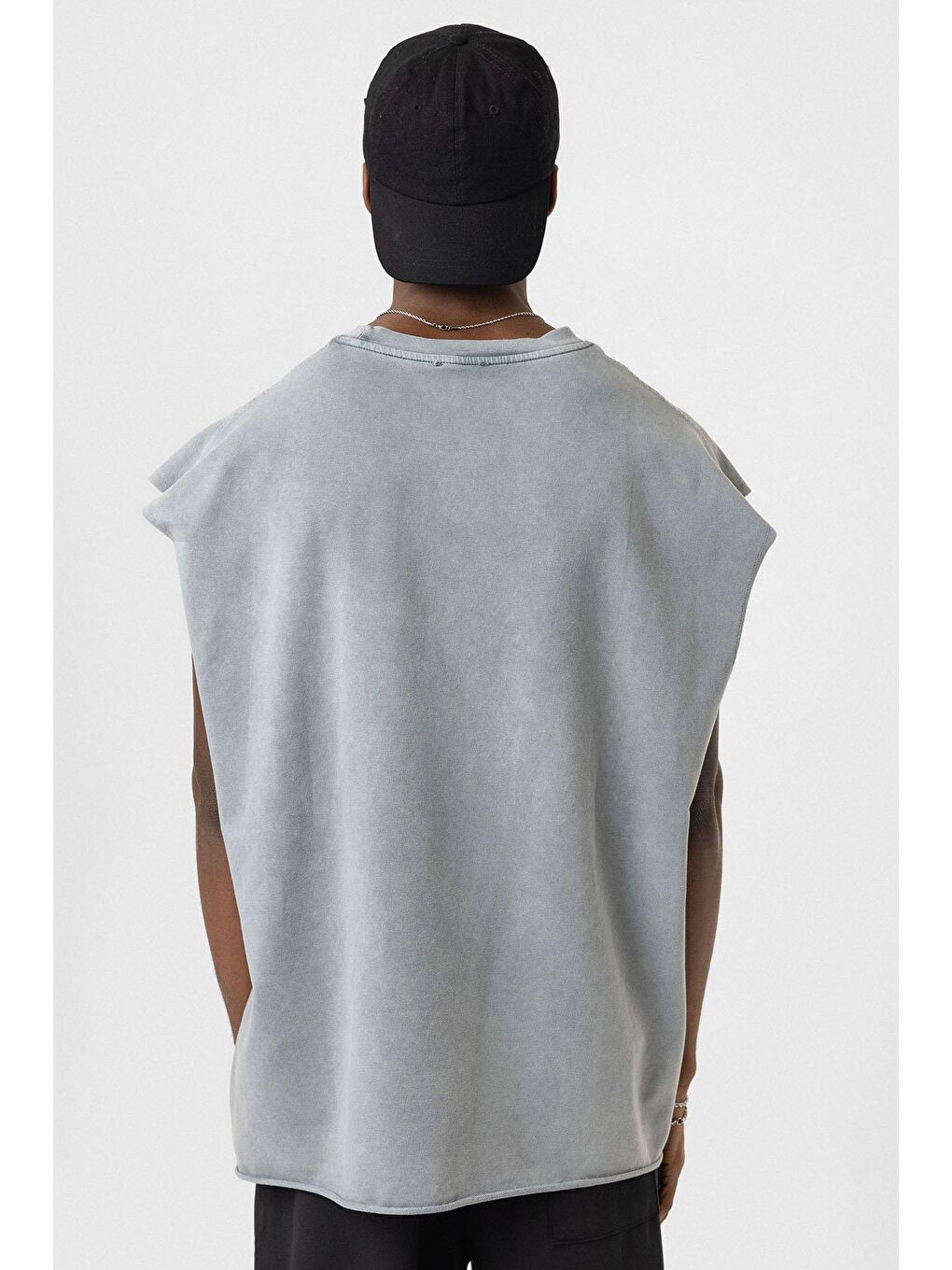 Yıkamalı Oversize Kolsuz Tişört Gri-4