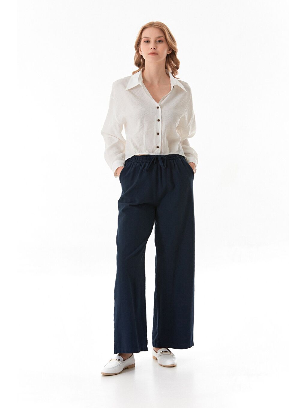 Lacivert Yüksek Bel Palazzo Keten Pantolon-1