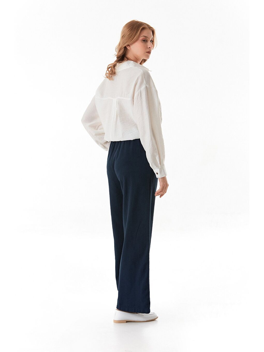 Lacivert Yüksek Bel Palazzo Keten Pantolon-3