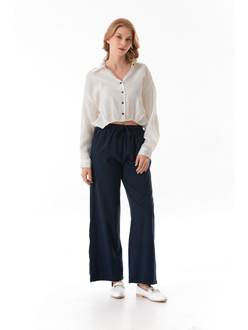 Lacivert Yüksek Bel Palazzo Keten Pantolon-4