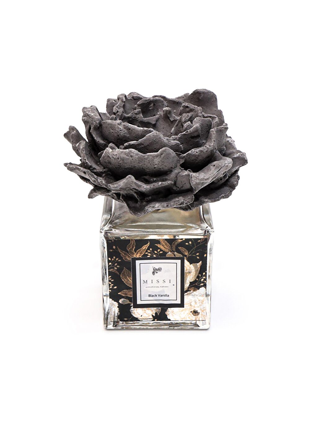 220 ml Gri Çiçekli Seramik Taşlı Black Vanilya Oda Kokusu