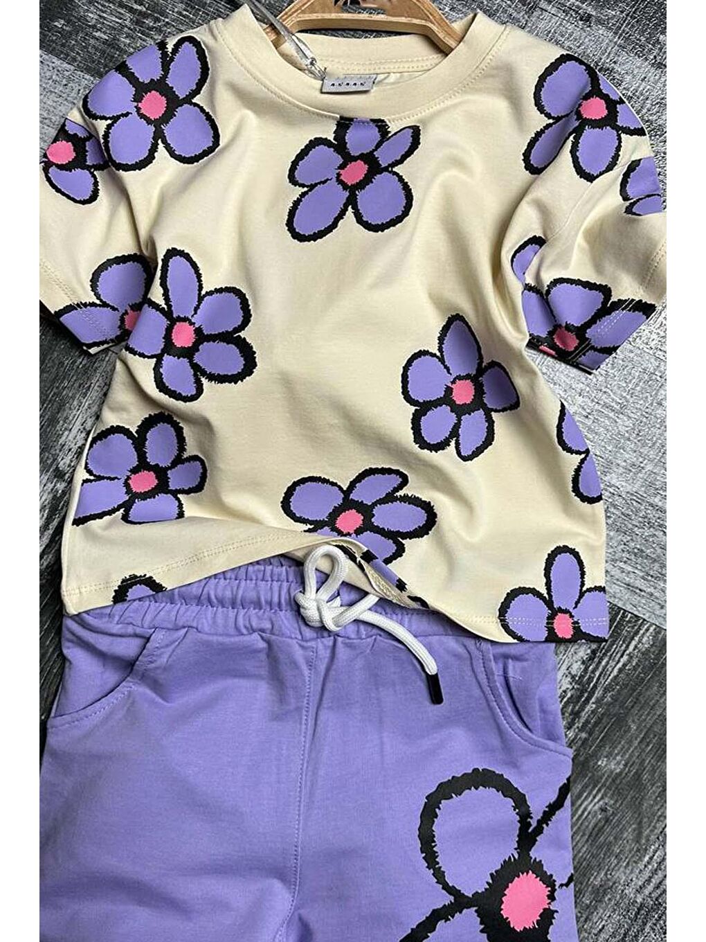 Kız Çocuk Çiçek Baskılı Mor Şortlu Takım-3