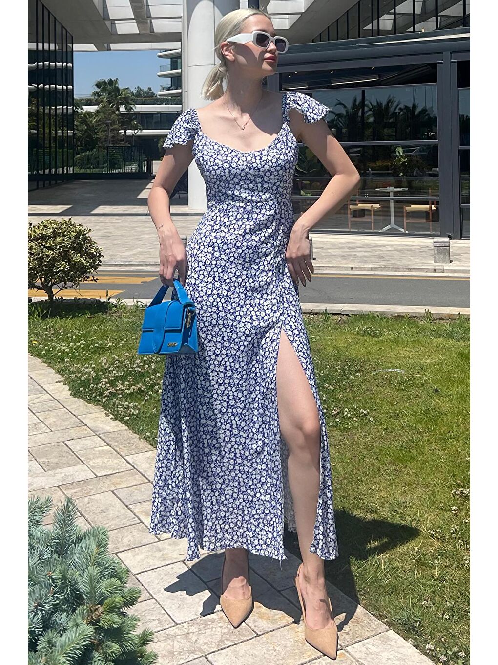 Mavi Saks Desenli Yırtmaçlı Uzun Elbise Mg2004-2