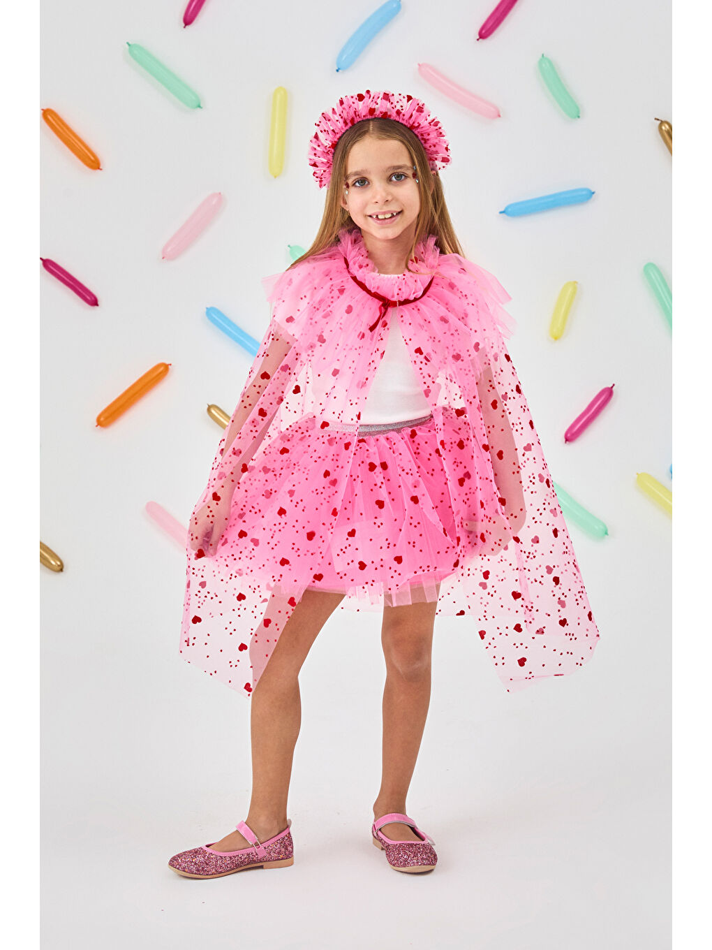 Pembe Flok Kalp Baskılı Kız Çocuk Pelerin Asa ve Taç Set-1