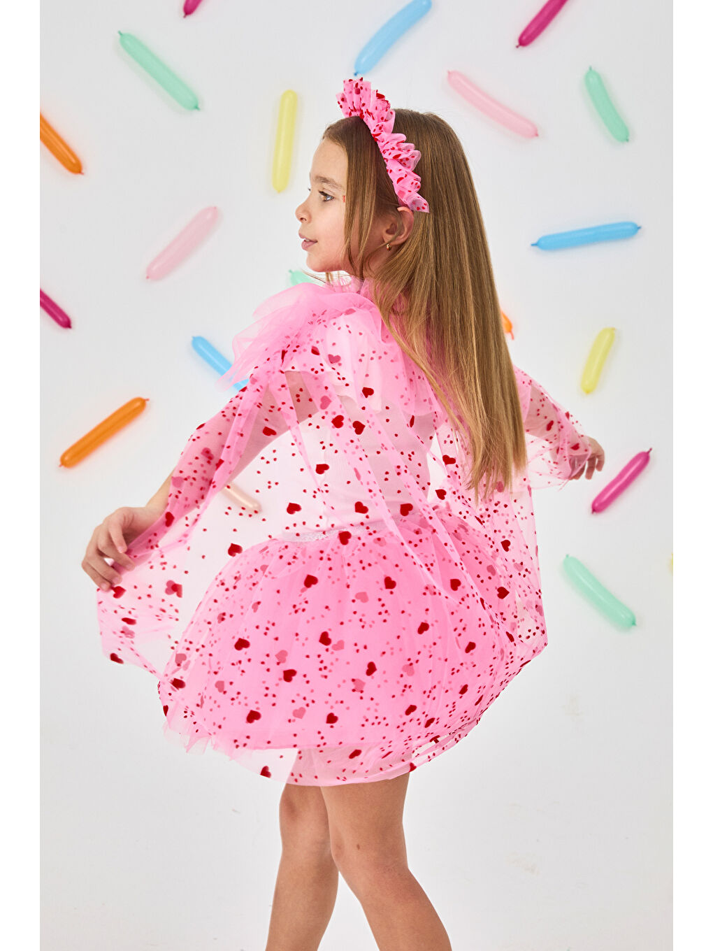 Pembe Flok Kalp Baskılı Kız Çocuk Pelerin Asa ve Taç Set-3