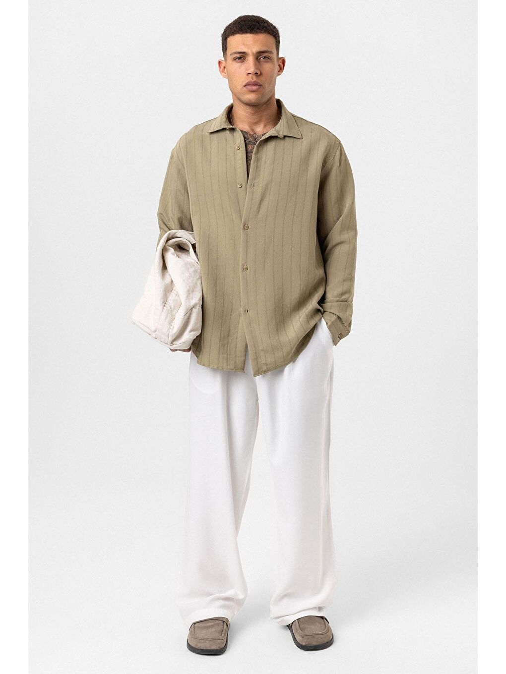 Çizgili Uzun Kol Oversize Gömlek Haki