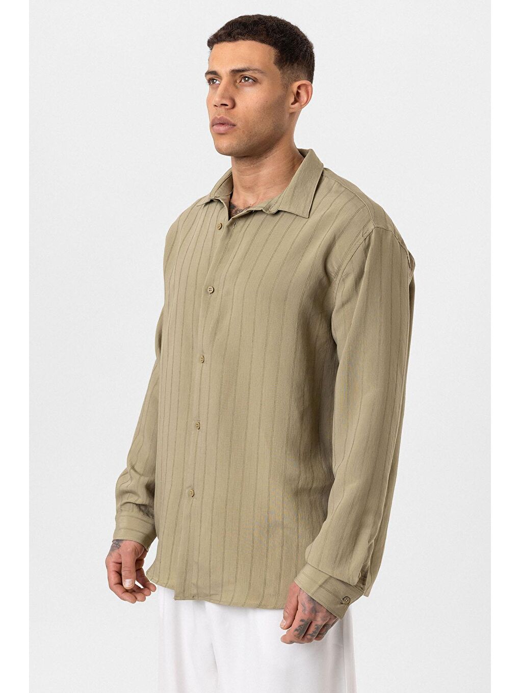 Çizgili Uzun Kol Oversize Gömlek Haki-3