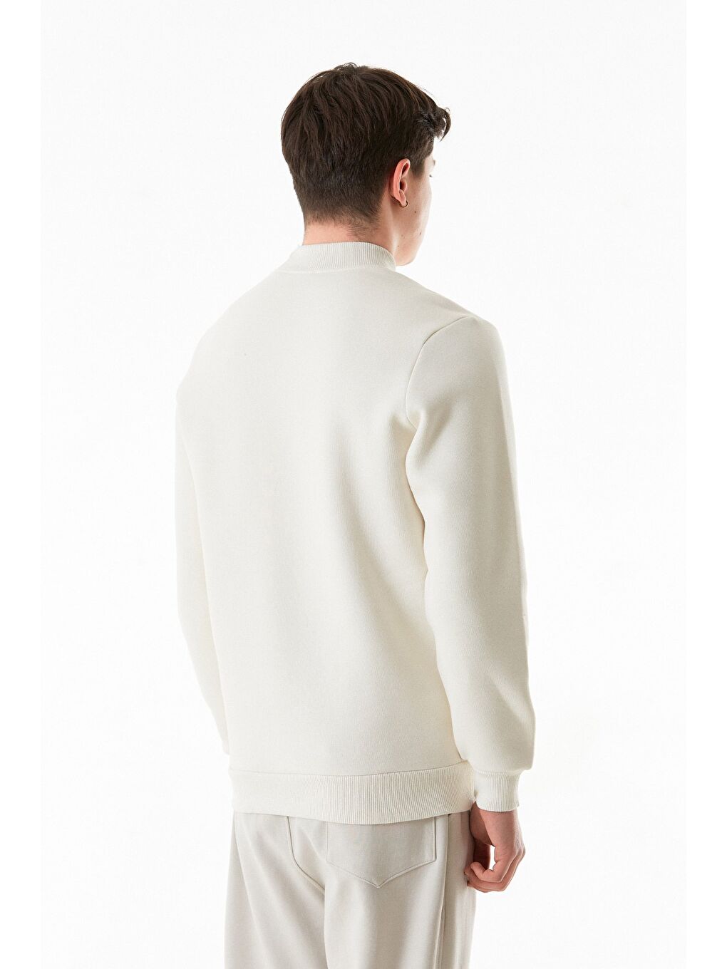 Ekru Basic Bisiklet Yaka Sweatshirt-3