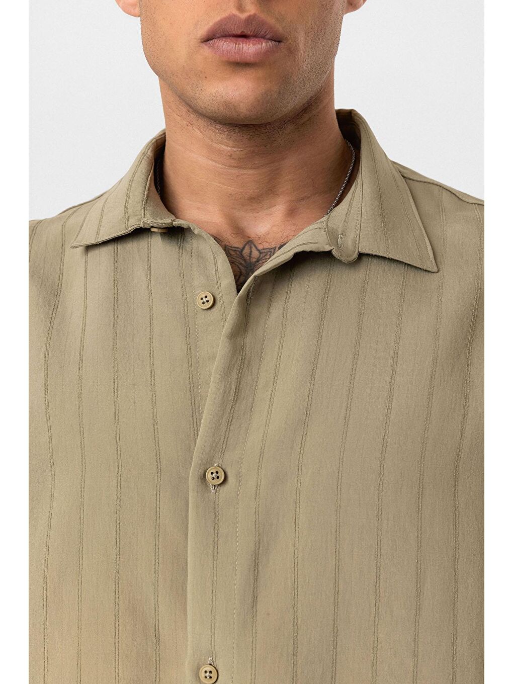 Çizgili Uzun Kol Oversize Gömlek Haki-5