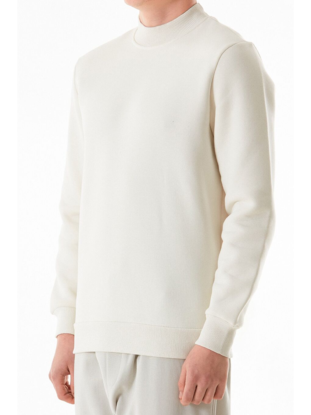 Ekru Basic Bisiklet Yaka Sweatshirt-4