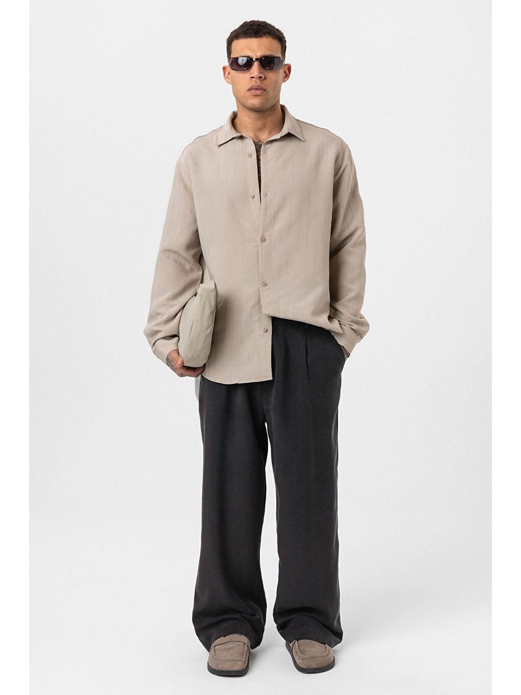 Çizgili Uzun Kol Oversize Gömlek Bej