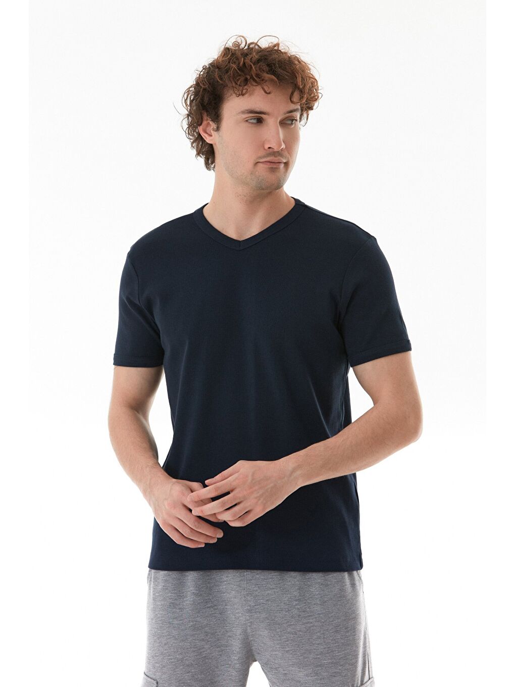 Lacivert Basic V Yaka Ribanalı Tişört