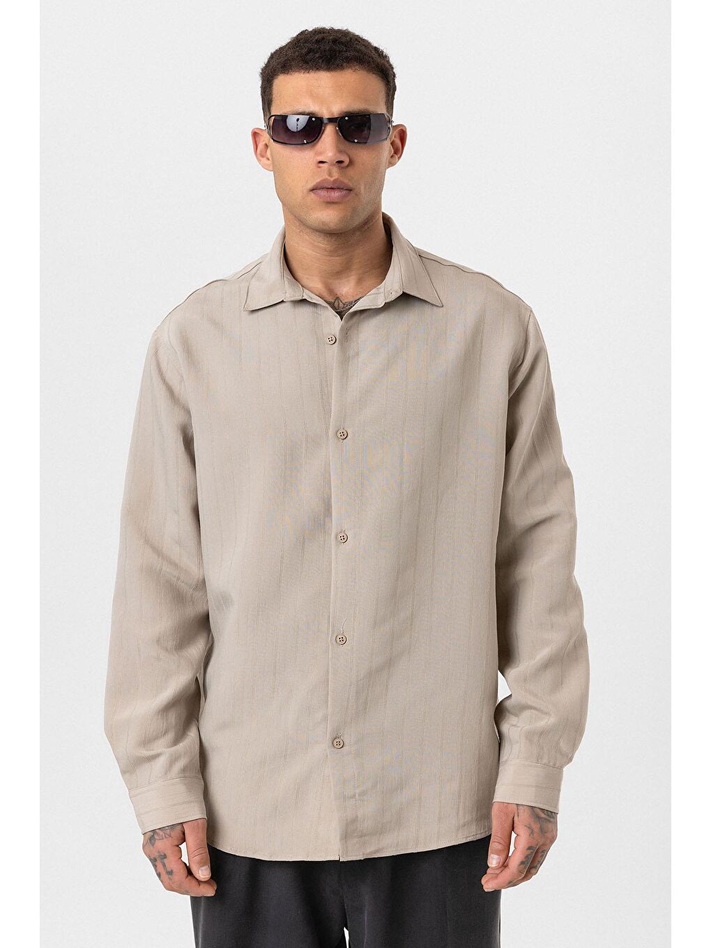 Çizgili Uzun Kol Oversize Gömlek Bej-2