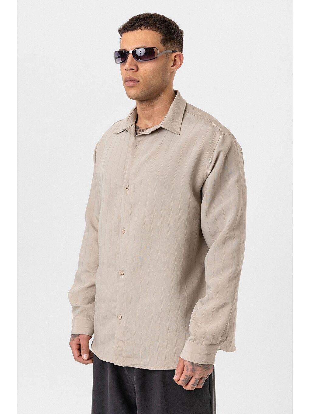 Çizgili Uzun Kol Oversize Gömlek Bej-3