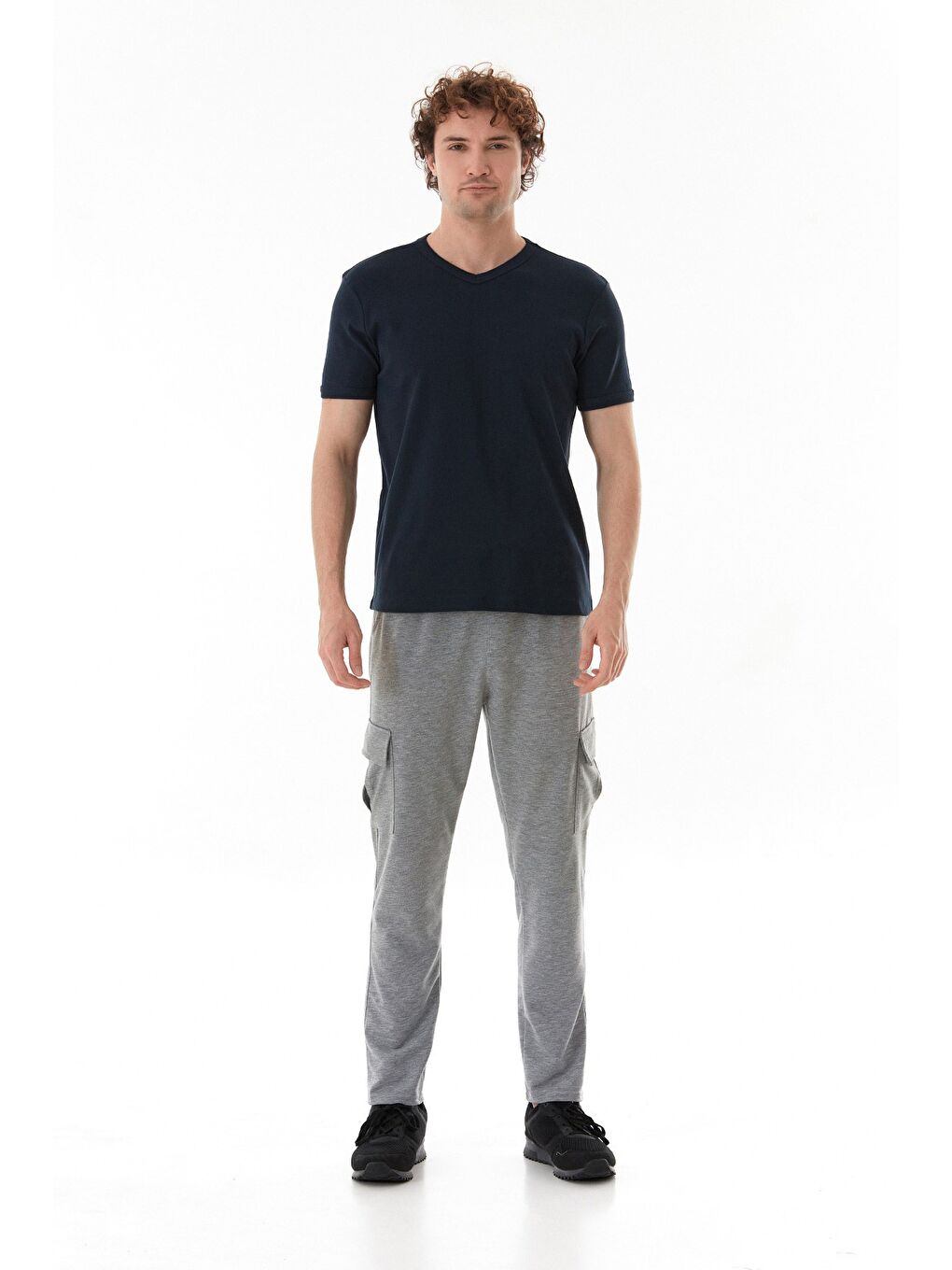 Lacivert Basic V Yaka Ribanalı Tişört-1