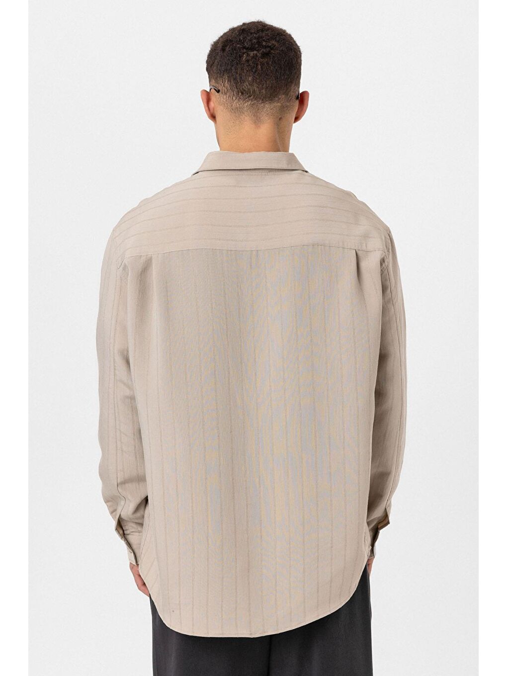 Çizgili Uzun Kol Oversize Gömlek Bej-4