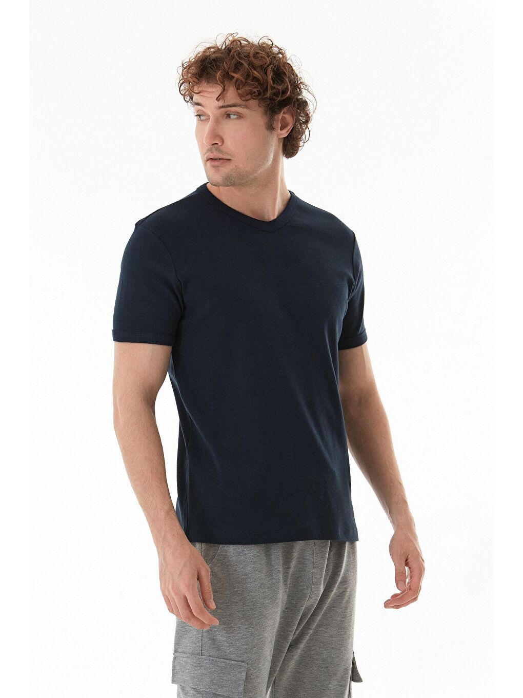 Lacivert Basic V Yaka Ribanalı Tişört-2