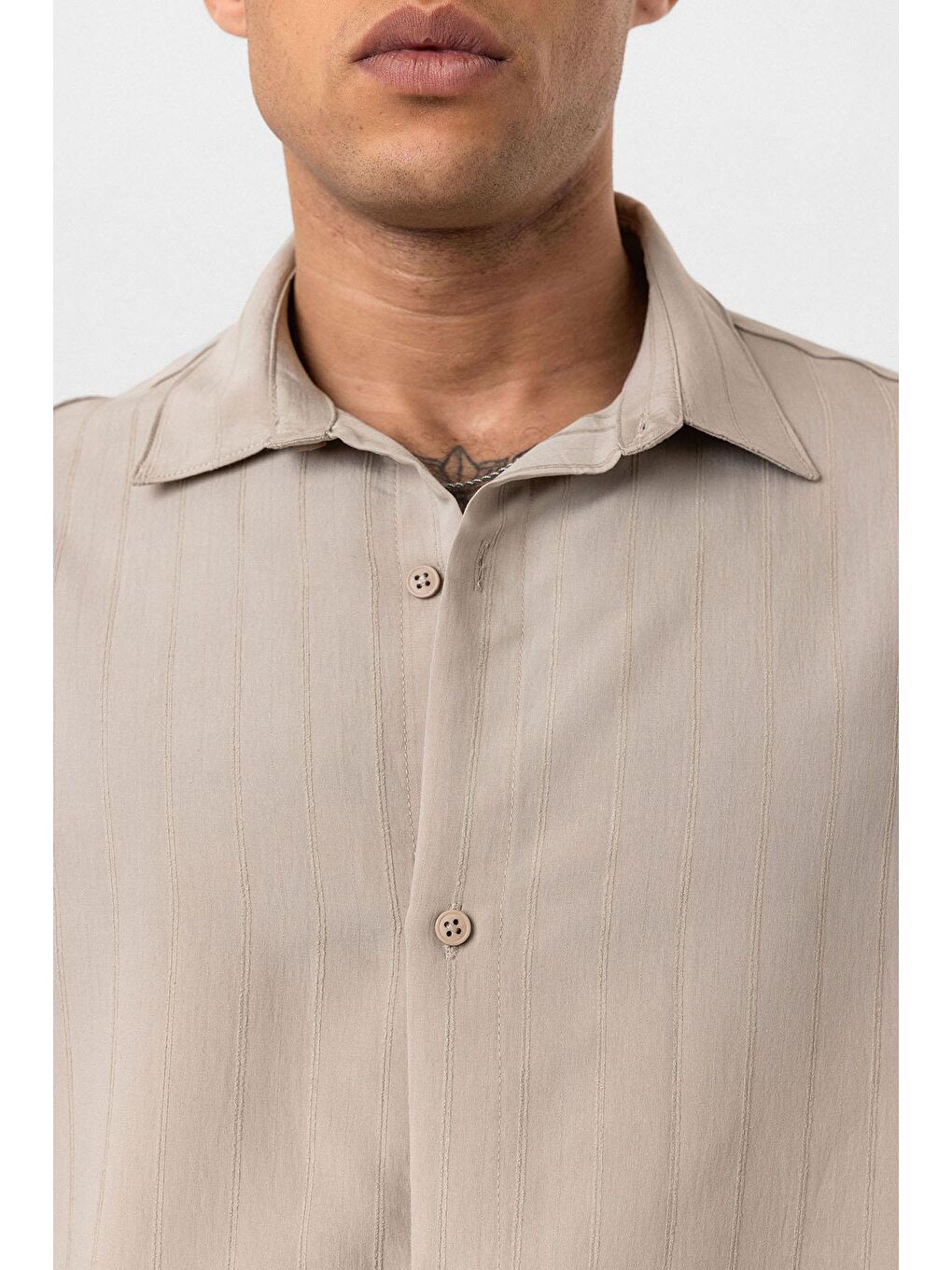 Çizgili Uzun Kol Oversize Gömlek Bej-5