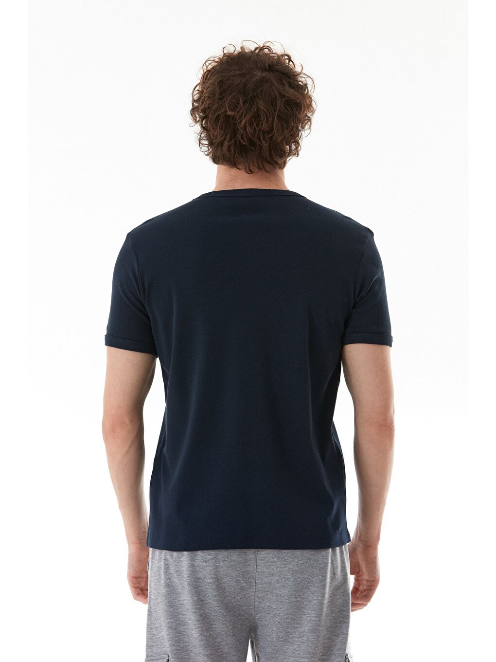 Lacivert Basic V Yaka Ribanalı Tişört-3