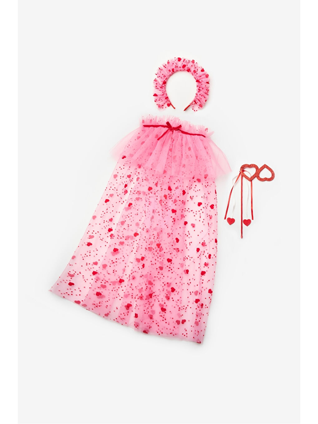 Pembe Flok Kalp Baskılı Kız Çocuk Pelerin Asa ve Taç Set-4