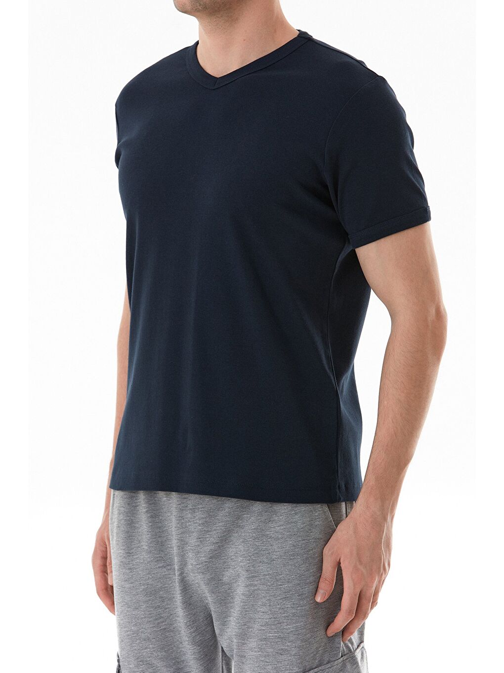 Lacivert Basic V Yaka Ribanalı Tişört-4