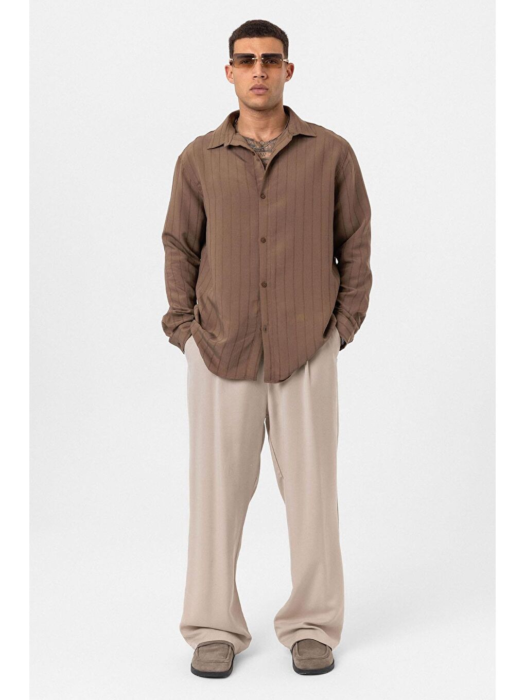 Kahverengi Çizgili Uzun Kol Oversize Gömlek Kahve