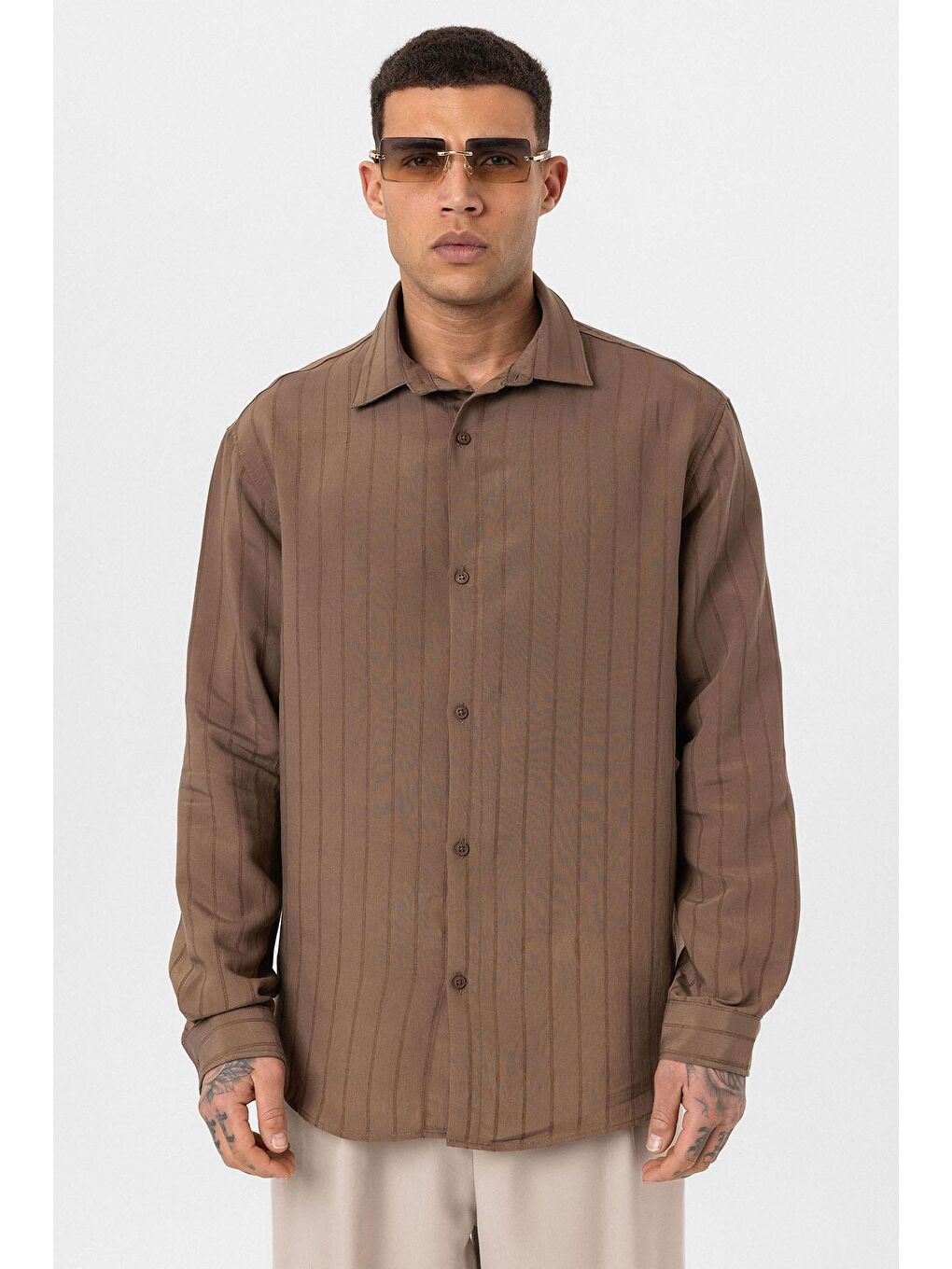 Kahverengi Çizgili Uzun Kol Oversize Gömlek Kahve-1