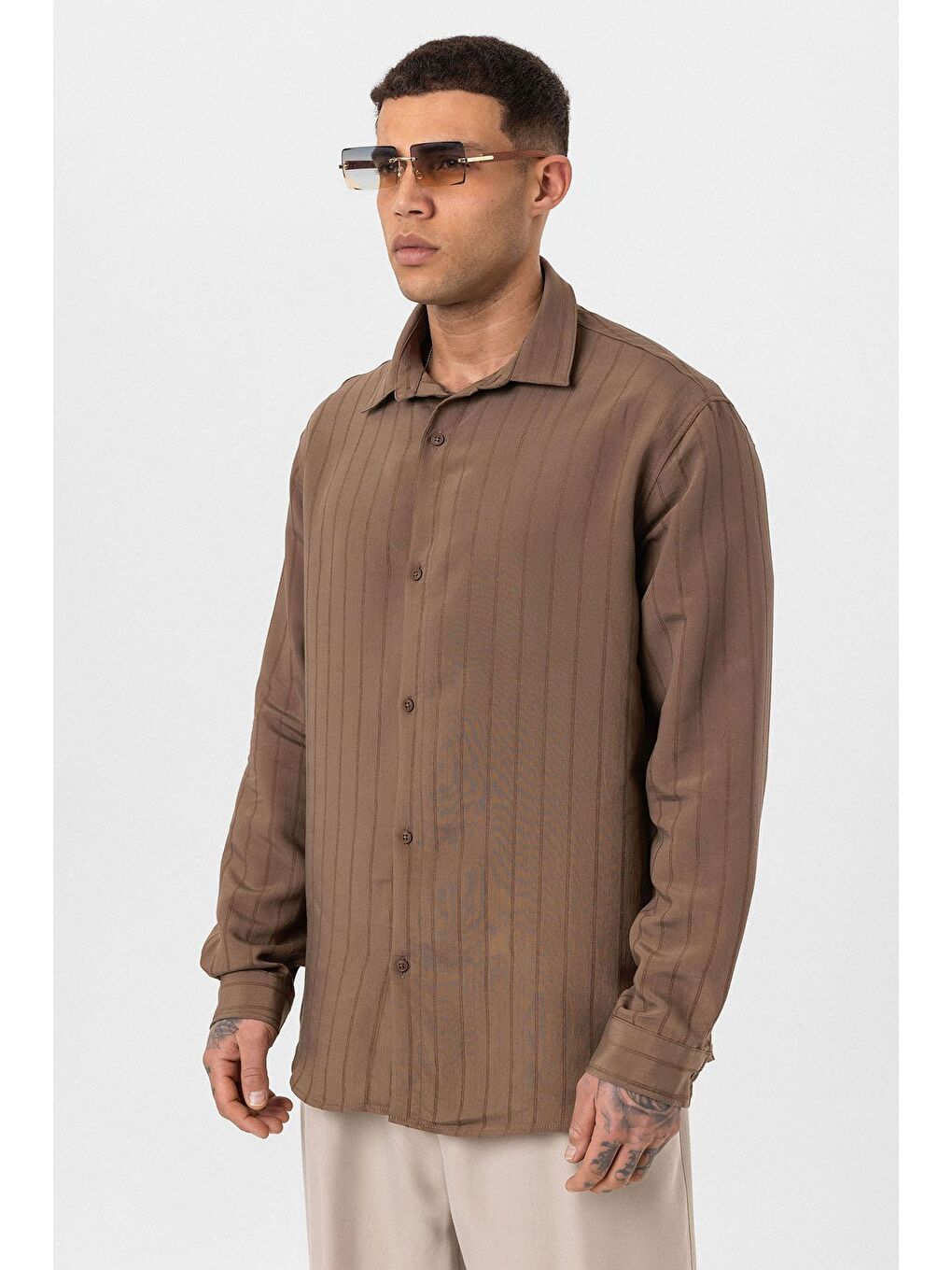 Kahverengi Çizgili Uzun Kol Oversize Gömlek Kahve-2