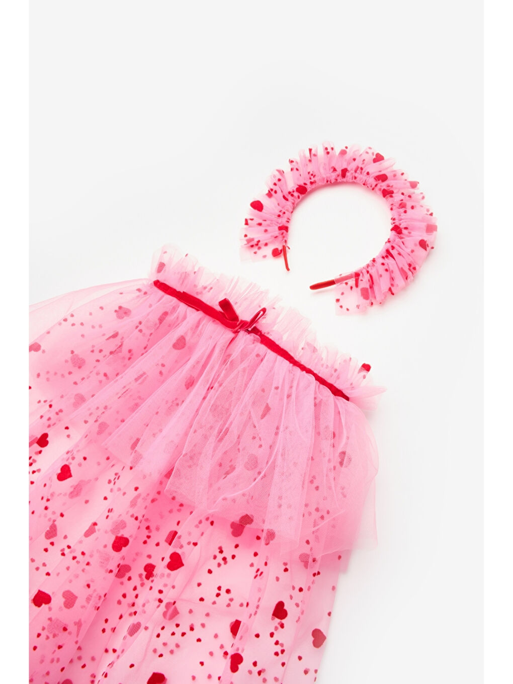 Pembe Flok Kalp Baskılı Kız Çocuk Pelerin Asa ve Taç Set-5