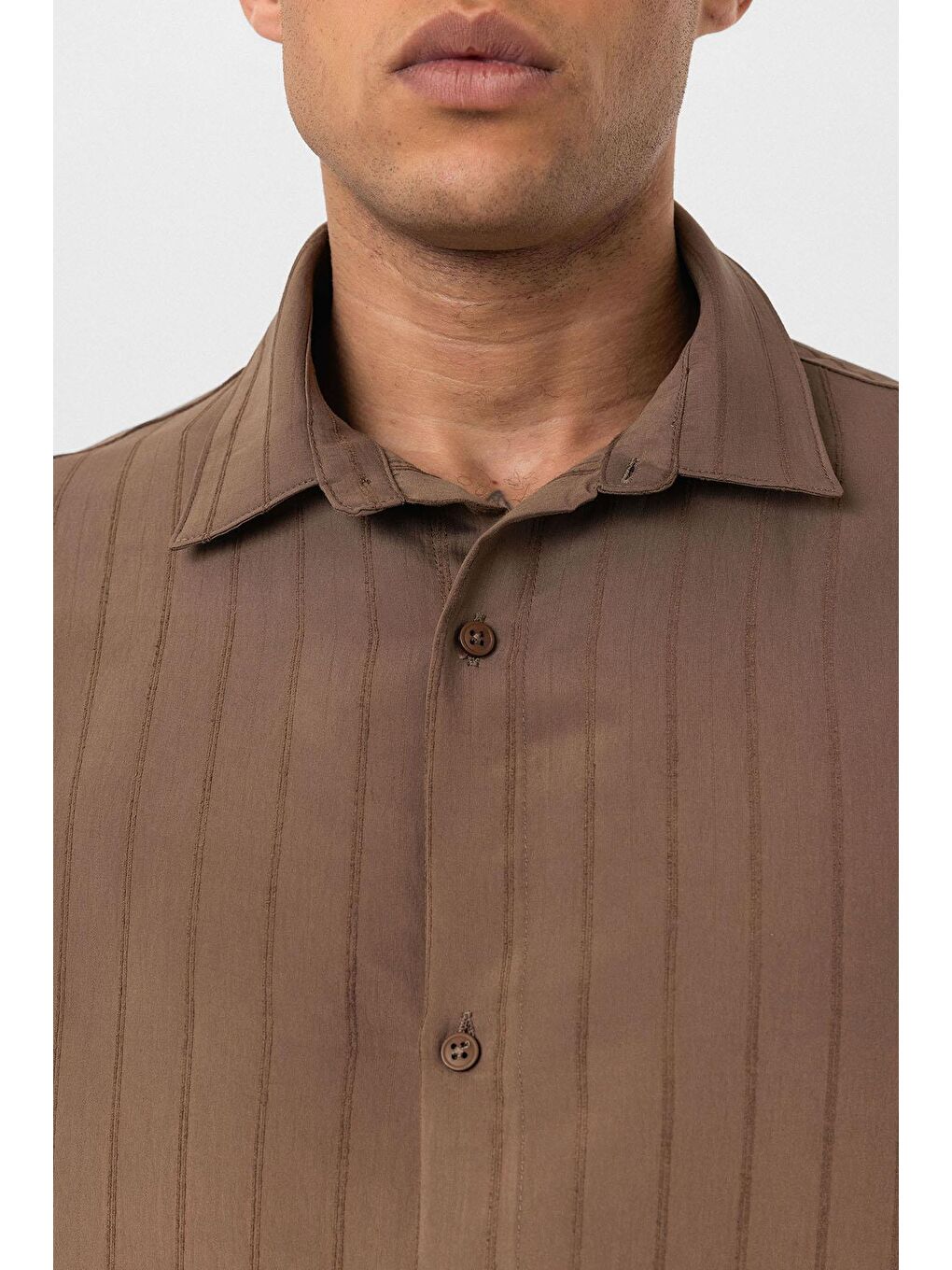 Kahverengi Çizgili Uzun Kol Oversize Gömlek Kahve-4