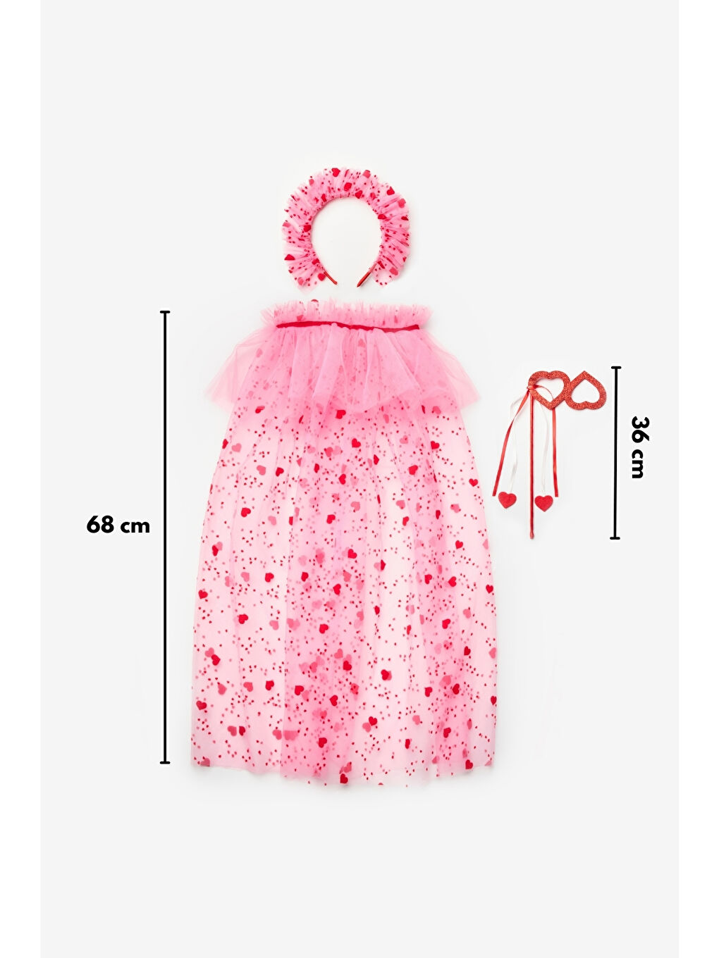 Pembe Flok Kalp Baskılı Kız Çocuk Pelerin Asa ve Taç Set-6