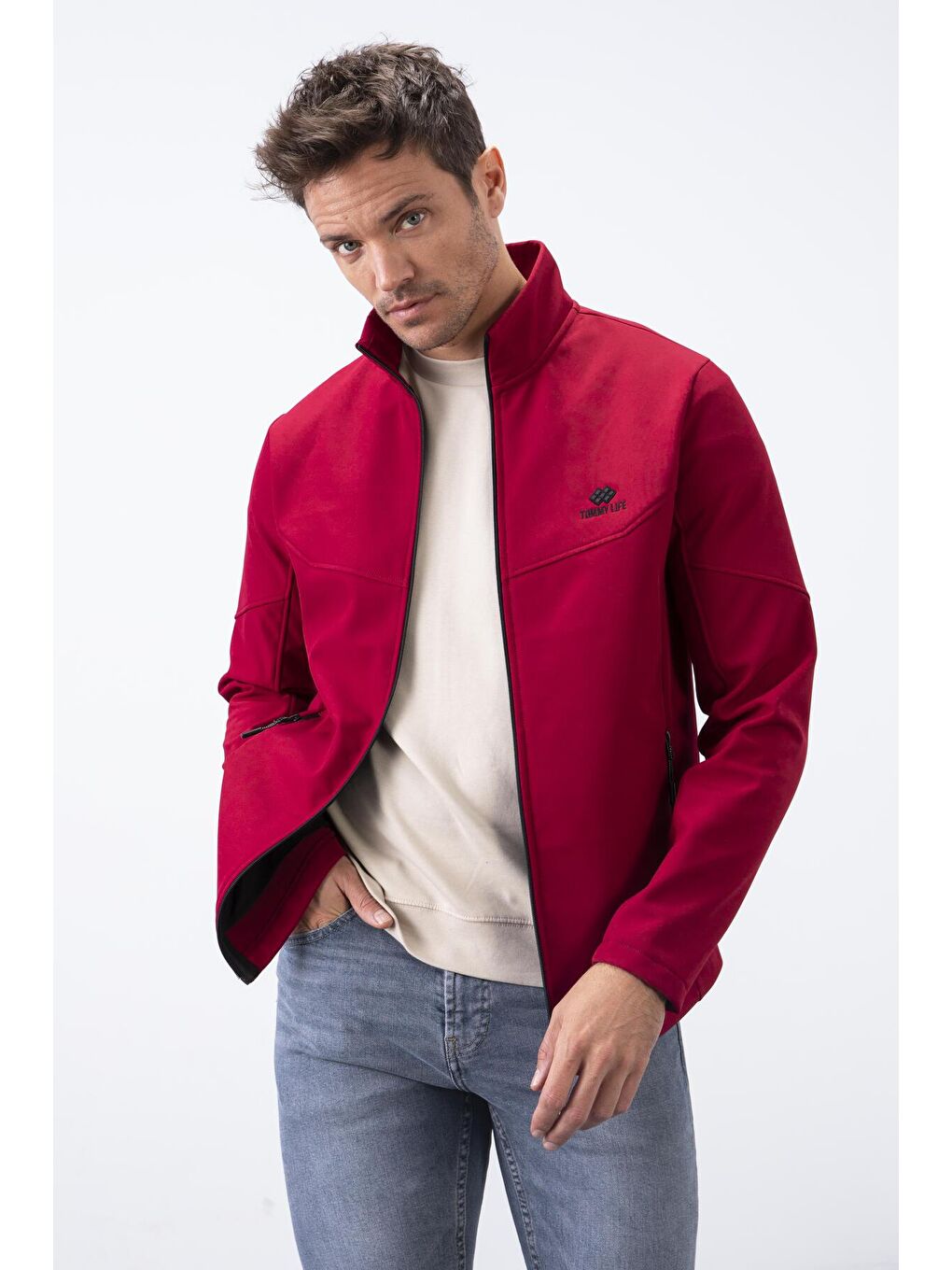 Bordo Fermuarlı Dik Yaka Su ve Rüzgar Geçirmez Softshell Erkek Mont - 88050-2