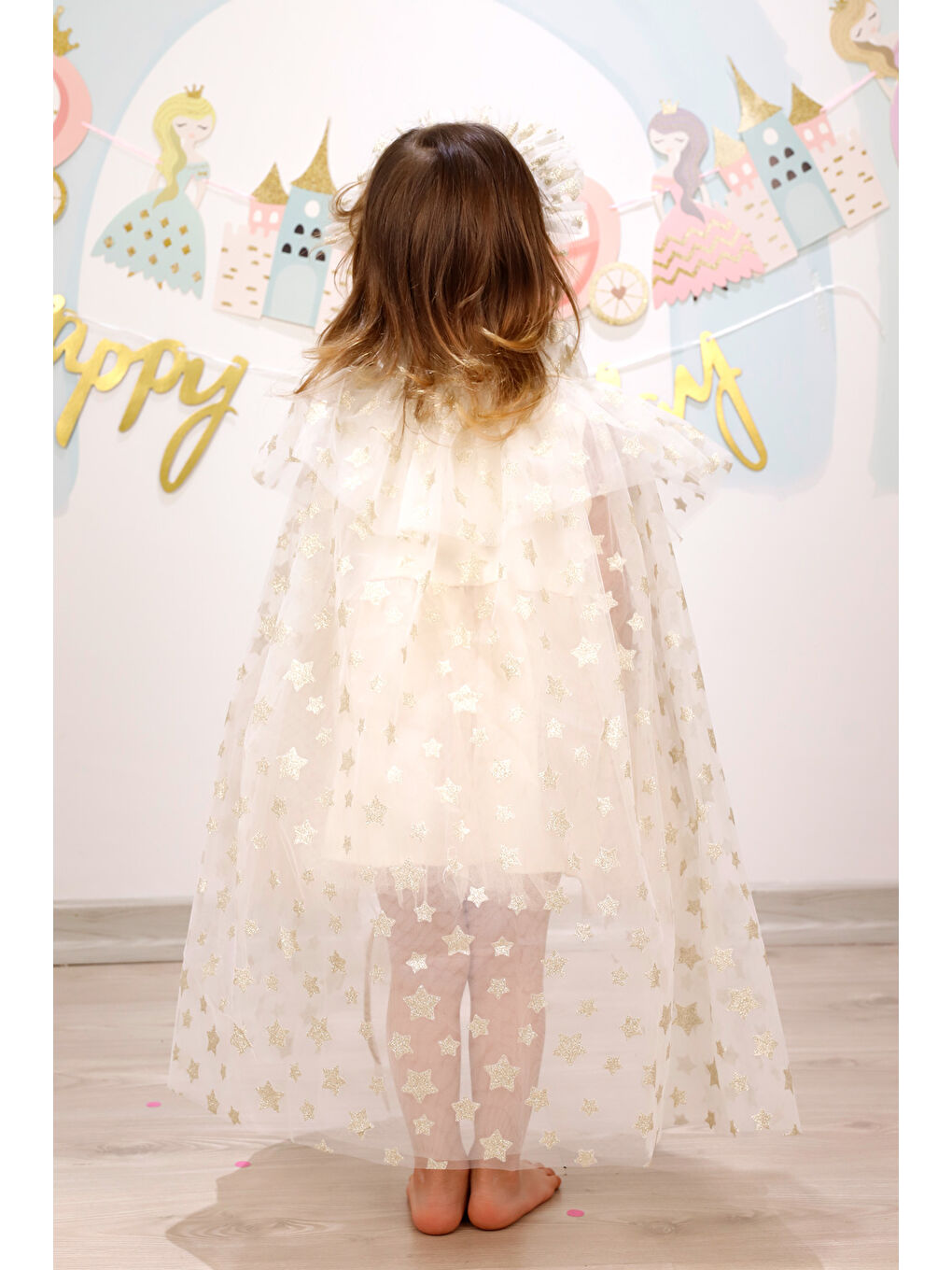 Beyaz Yıldız Baskılı Kız Çocuk Yıldızlı Pelerin Asa ve Taç Set-1