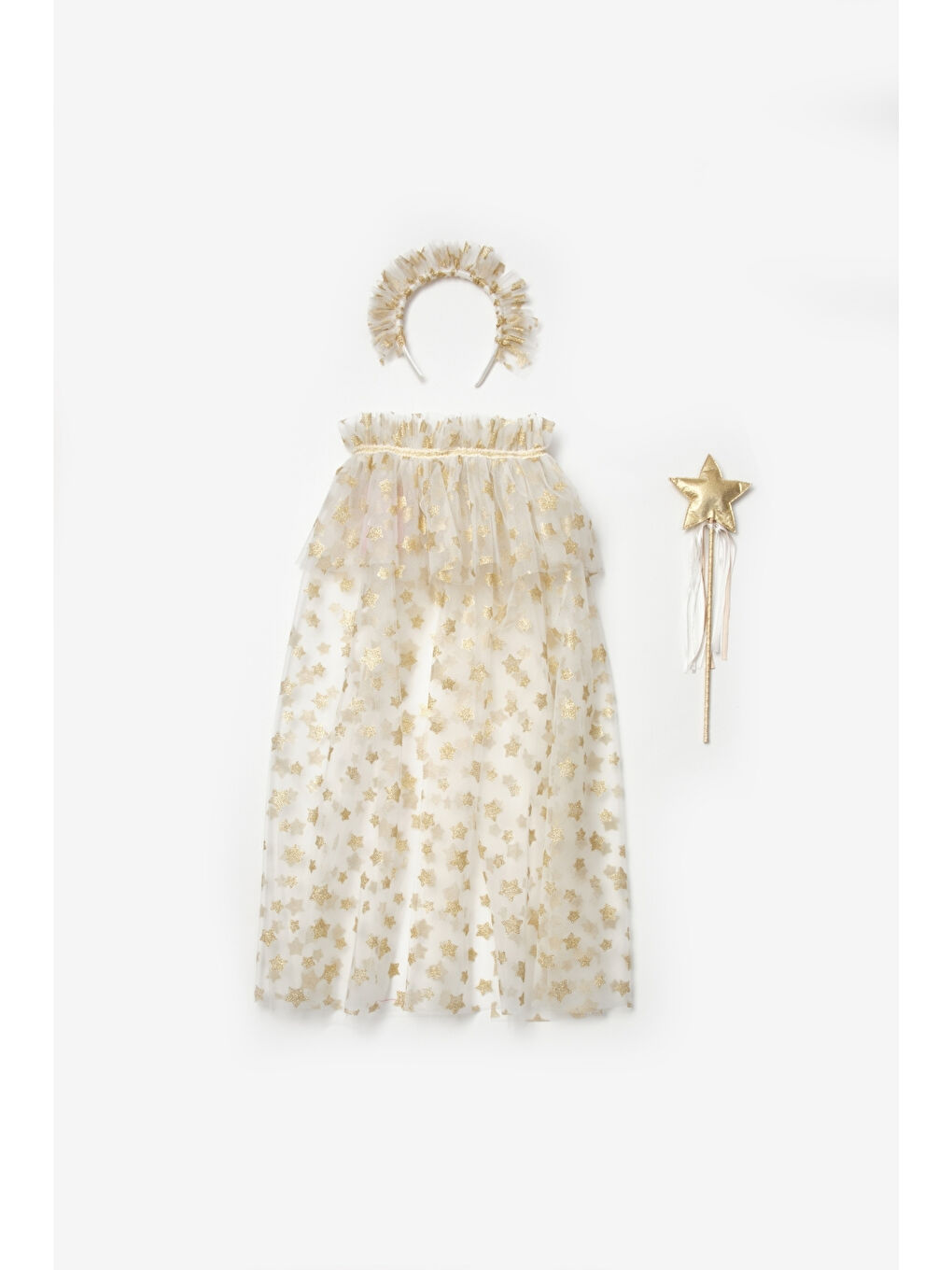 Beyaz Yıldız Baskılı Kız Çocuk Yıldızlı Pelerin Asa ve Taç Set-3