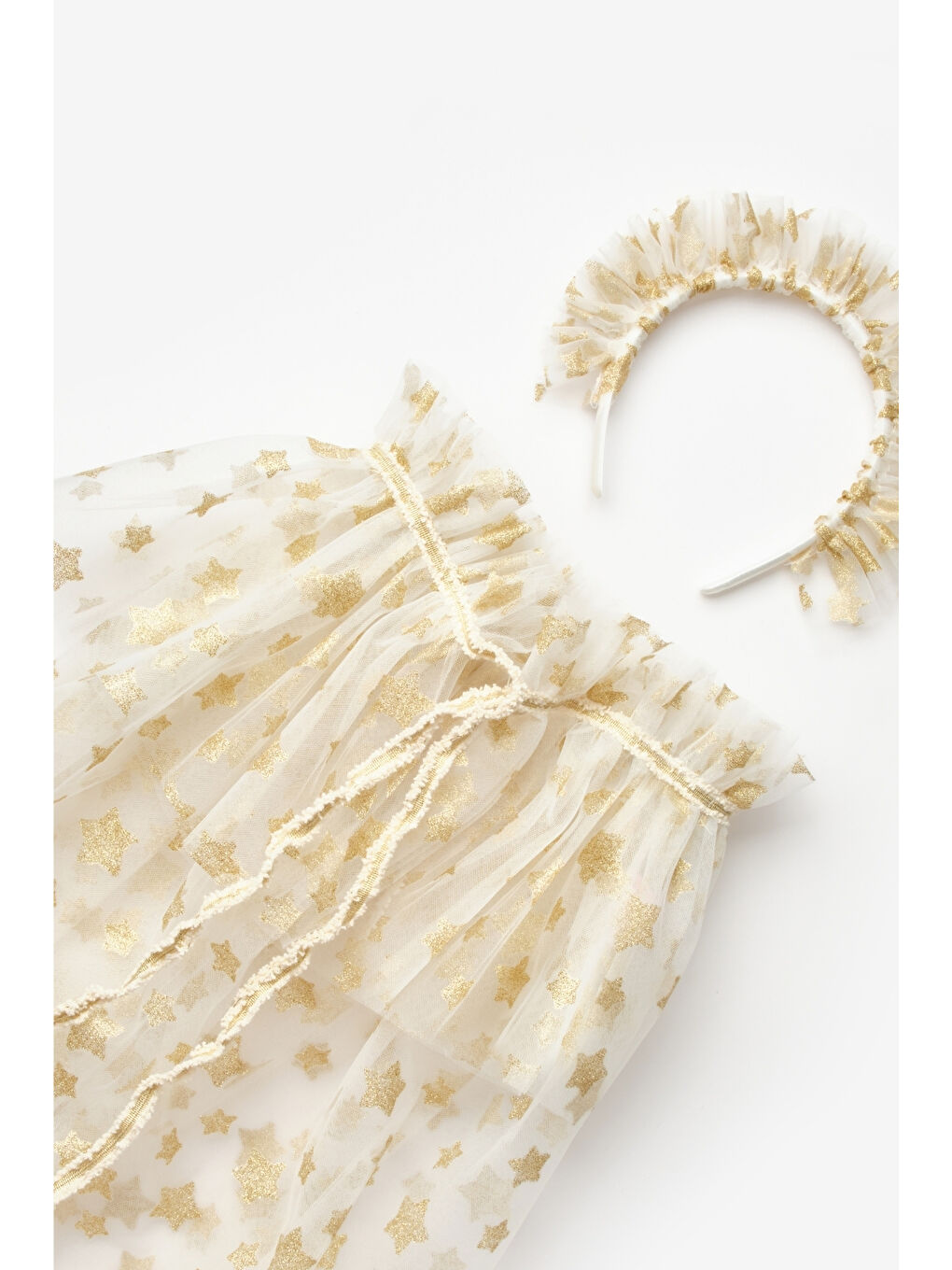 Beyaz Yıldız Baskılı Kız Çocuk Yıldızlı Pelerin Asa ve Taç Set-4