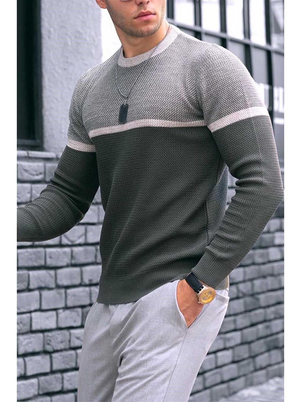 Haki Renk Bloklu Erkek Kazak 4734-1