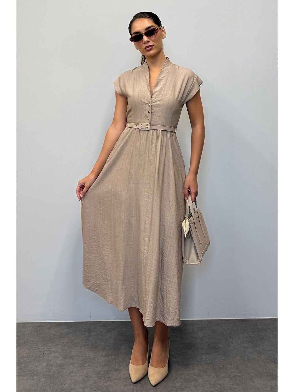 Bej Kısa Kollu Midi Boy Kadın Elbise Mg2497-3