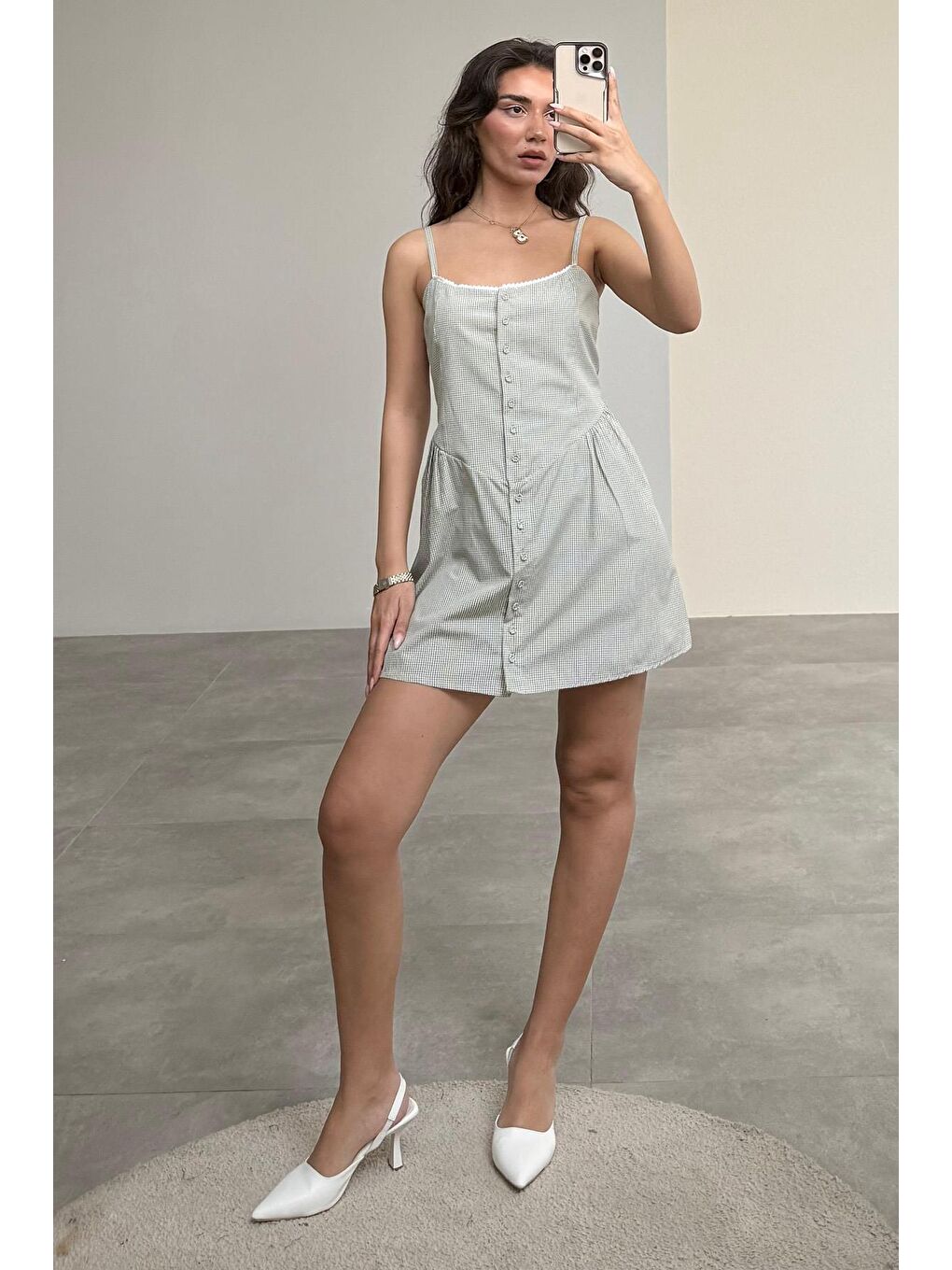 Mint Yeşili Pötikareli Kadın Mini Elbise Mg2387