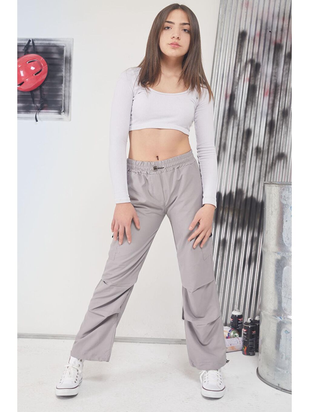 Gri Kargo Cep Lastikli Paça Kız Paraşüt Pantolon 17593