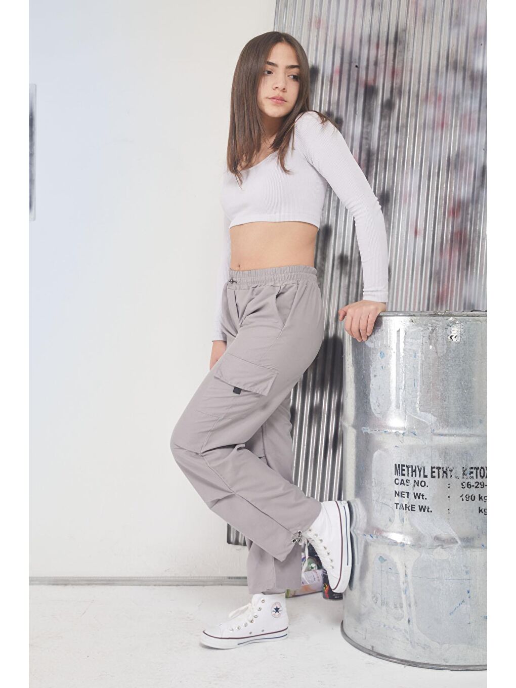 Gri Kargo Cep Lastikli Paça Kız Paraşüt Pantolon 17593-1