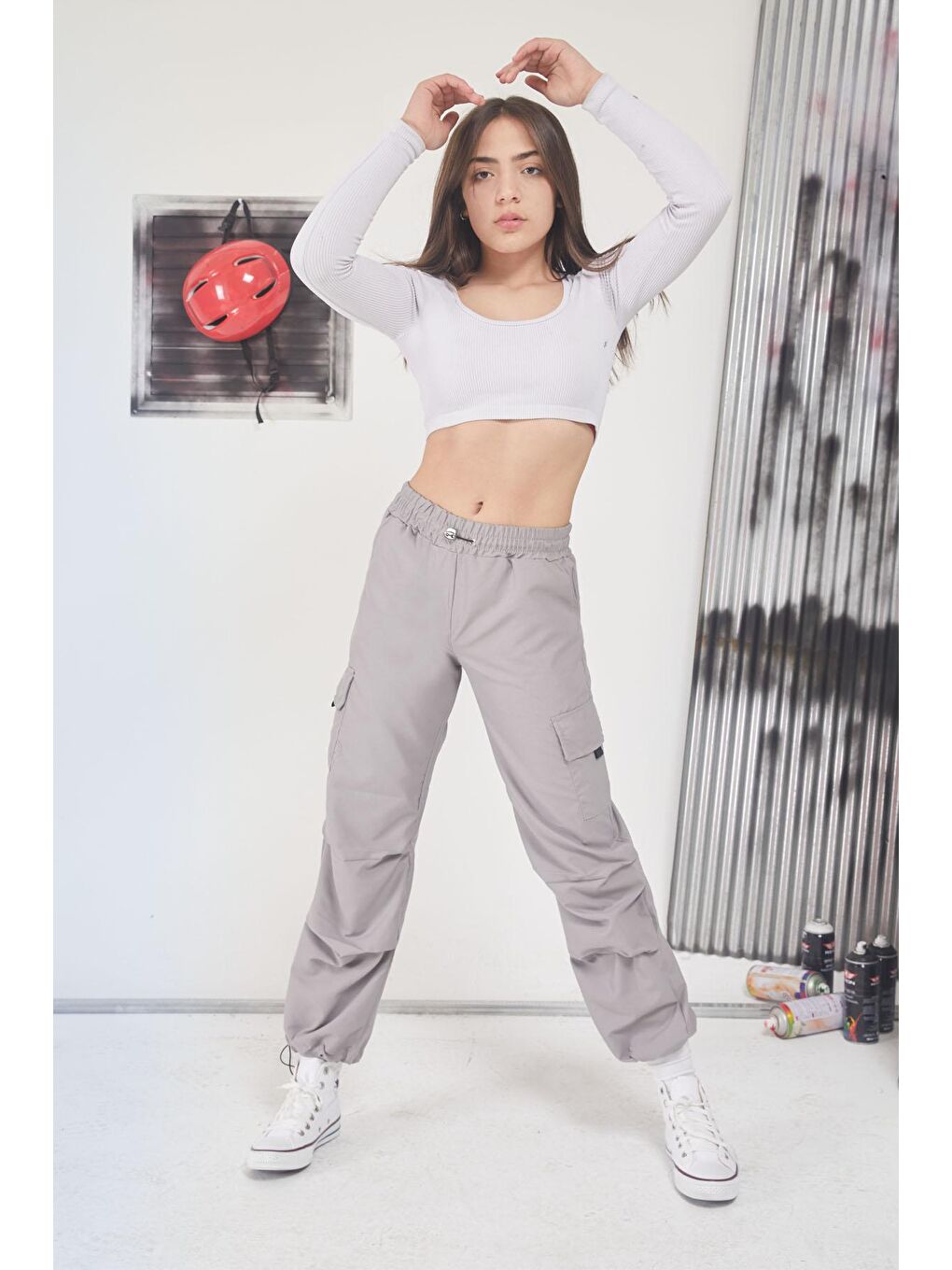 Gri Kargo Cep Lastikli Paça Kız Paraşüt Pantolon 17593-2