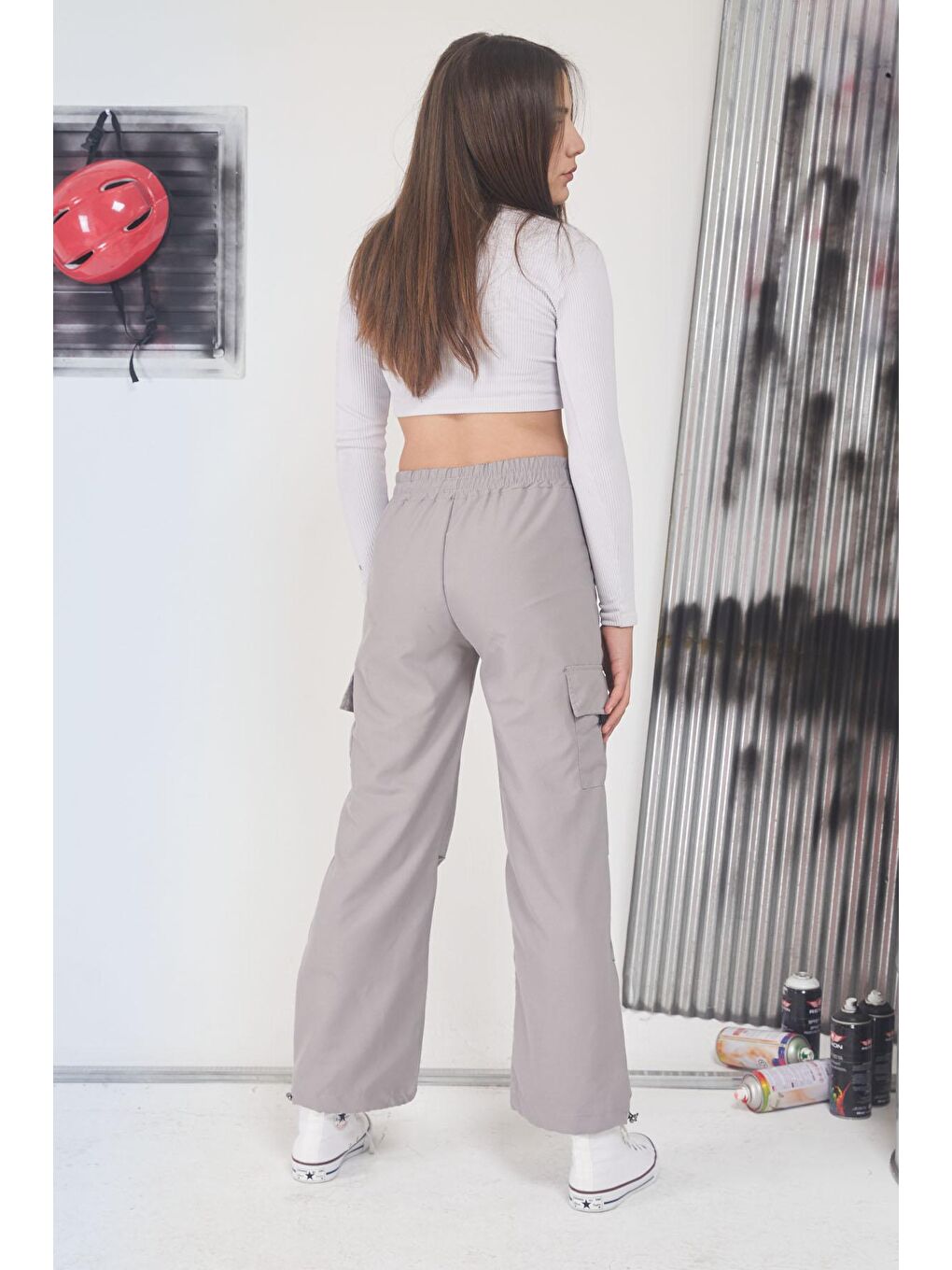 Gri Kargo Cep Lastikli Paça Kız Paraşüt Pantolon 17593-4