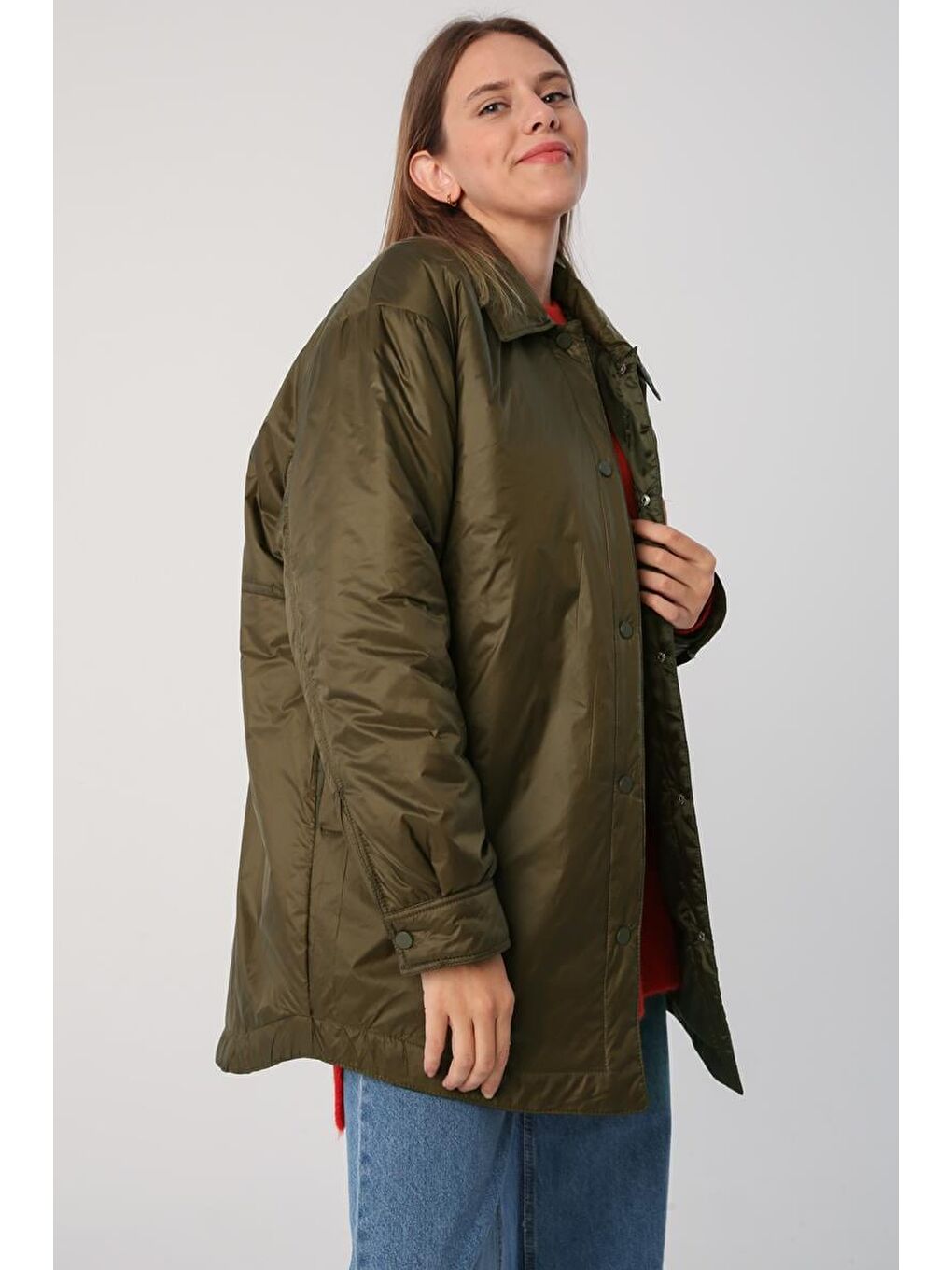 Haki Oversize Çıtçıtlı Gömlek Yaka Mont-1