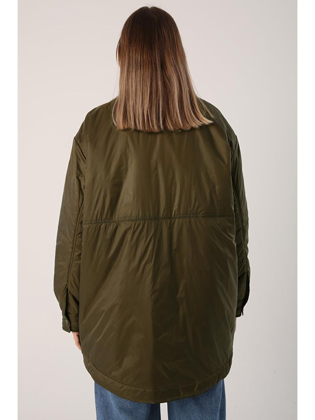 Haki Oversize Çıtçıtlı Gömlek Yaka Mont-2