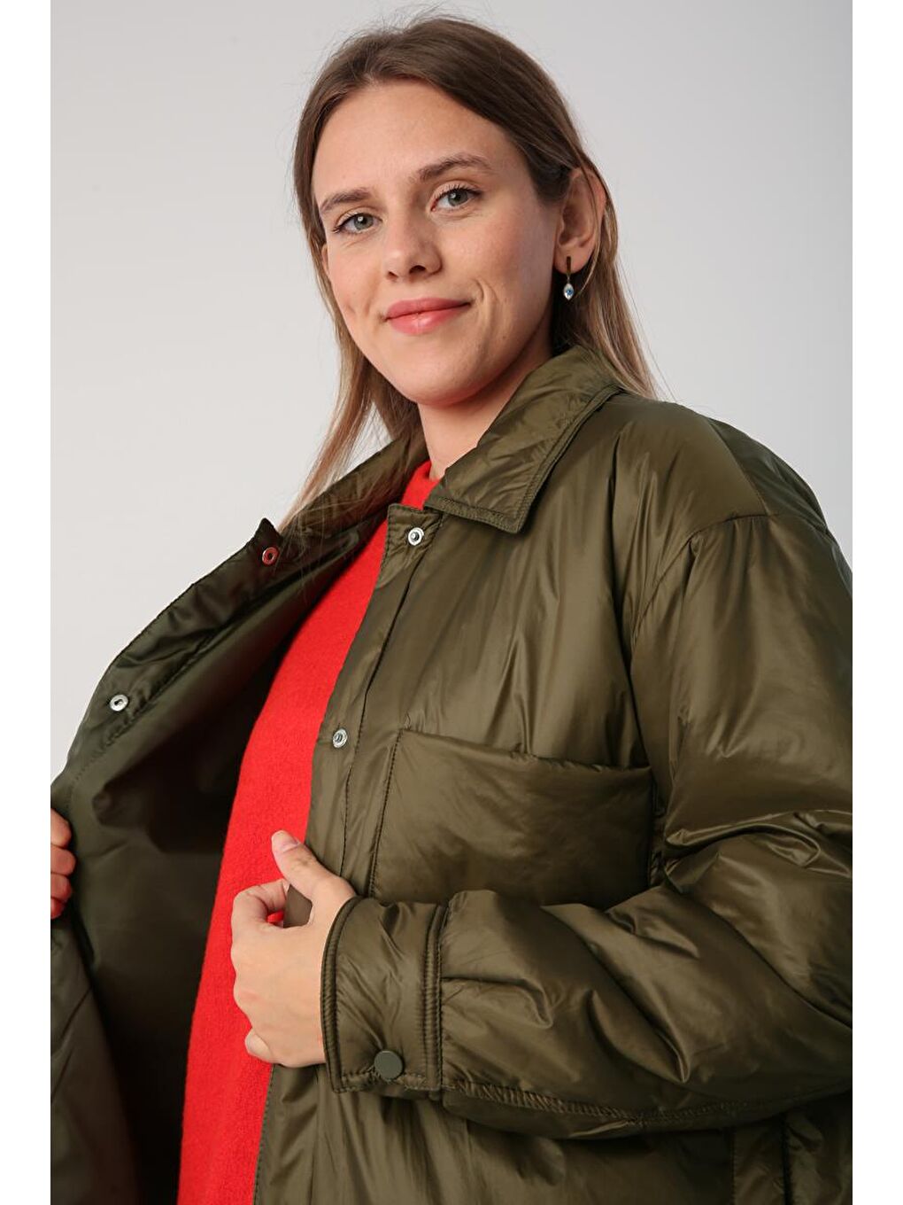 Haki Oversize Çıtçıtlı Gömlek Yaka Mont-4