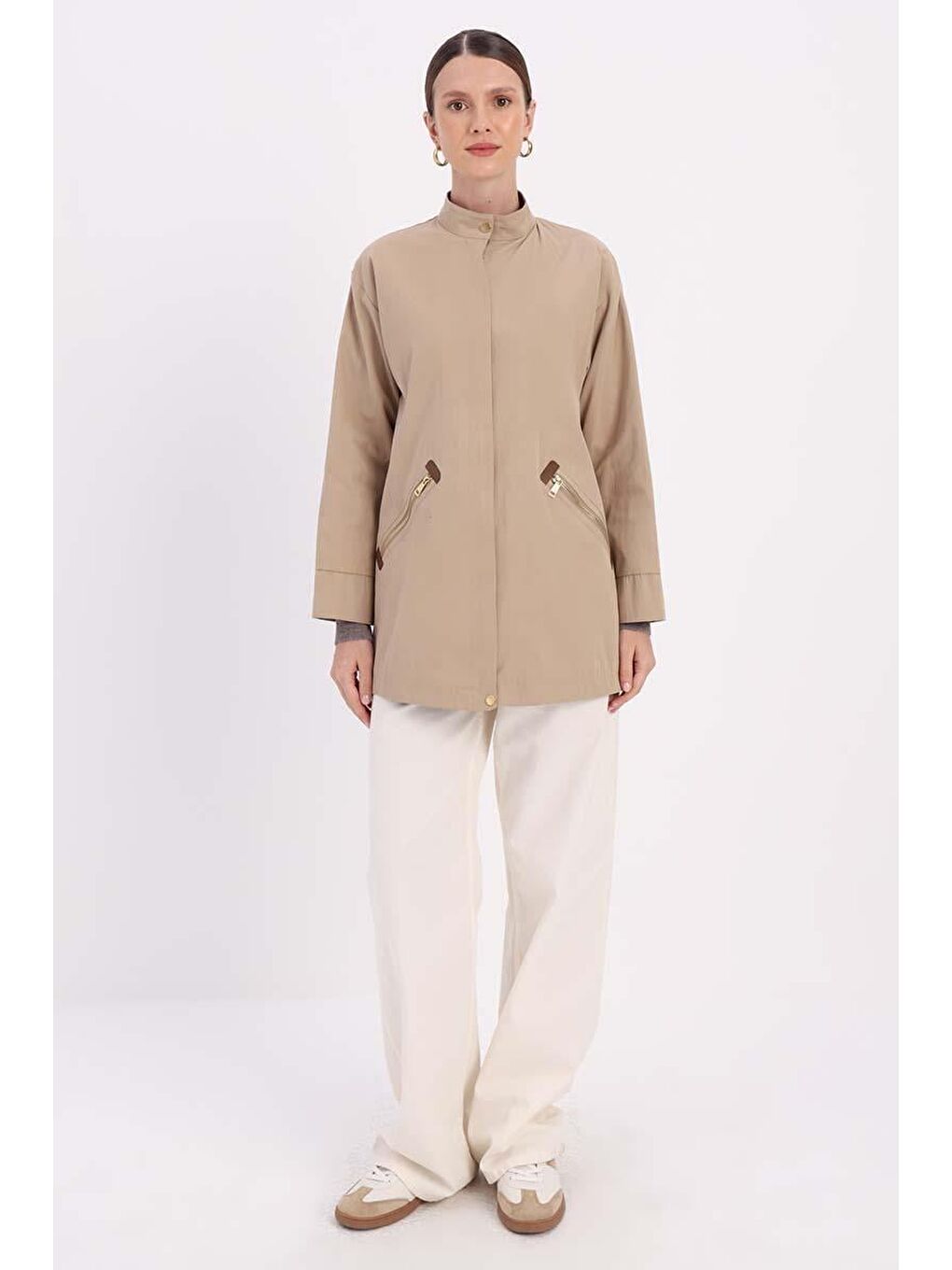 Bej Taş Cepli Fermuarlı Kısa Trençkot-1