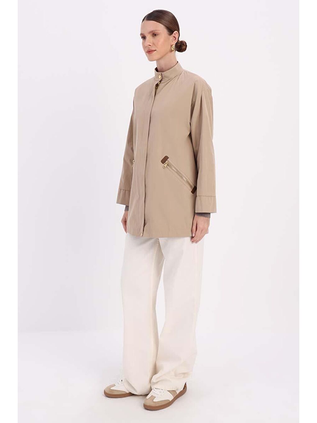 Bej Taş Cepli Fermuarlı Kısa Trençkot-2