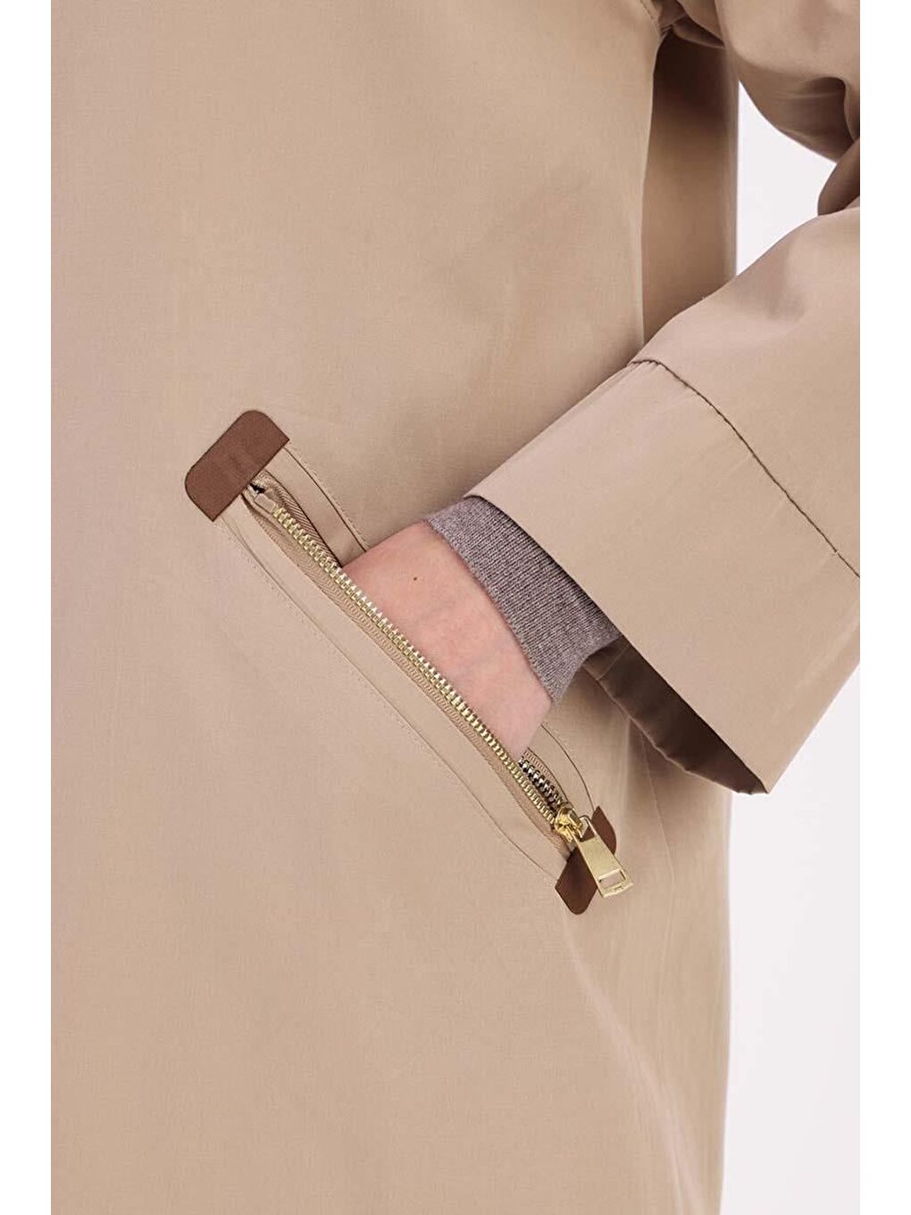 Bej Taş Cepli Fermuarlı Kısa Trençkot-4