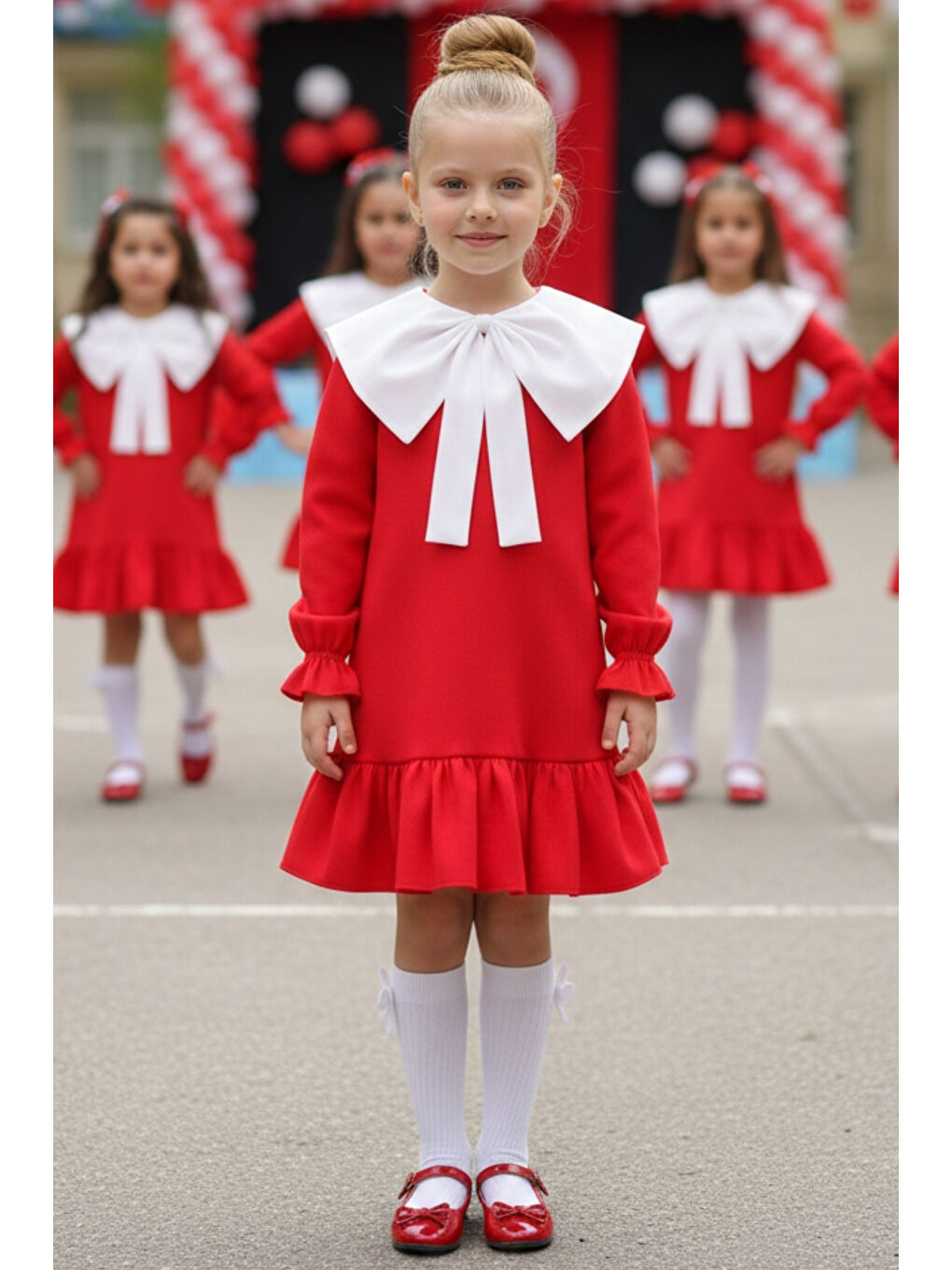 Kırmızı Kız Çocuk Yakalı Fırfırlı Keten Elbise-1